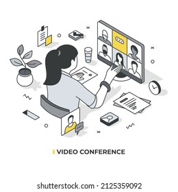 Video conference. Woman using group video call to collaborate with team, brainstorm or take online meeting.  Isometric vector illustration with isolated objects