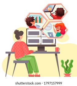 Video conference. Women having a conference video call with colleagues or friends, online communication concept. Illustration of woman sitting at the computer table, online meeting, working process