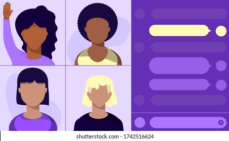video conference of women, work home, video call, cultural diversity, social distancing, webinar, class online, vector illustration of woman