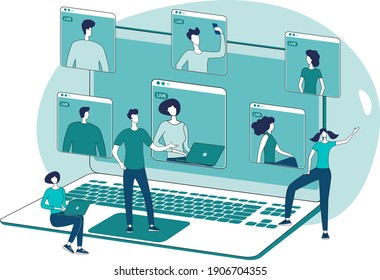 Video conference.People in the background of a laptop are holding a business meeting.The concept of using modern technologies.Flat vector illustration.