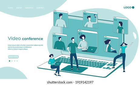 Video conference.People in the background of a laptop are holding a business meeting.The concept of using modern technologies.Flat vector illustration.The landing page template.