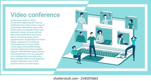 Video conference.People communicate and solve business issues using an Internet connection.An illustration in the style of a green landing page.