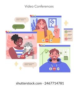 Video Conferences illustration Colleagues connect in a virtual space, sharing a moment of work and companionship with their pets, enhancing the home office experience Vector illustration
