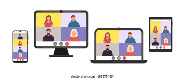 Videokonferenzen auf verschiedenen Gerätemonitteln, Set. Computer, Laptop, Tablet und Telefon, Vektorgrafik