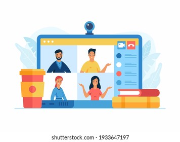 Video conferencing app on a laptop screen. A group of four positive cartoon characters taking part in an online conference. Remote work from home concept. Vector illustration