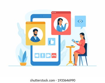 Video conferencing application. Woman drinks coffee in a cafe and communicates via video connection with colleagues using a mobile app. A man and a woman in different windows on the smartphone screen