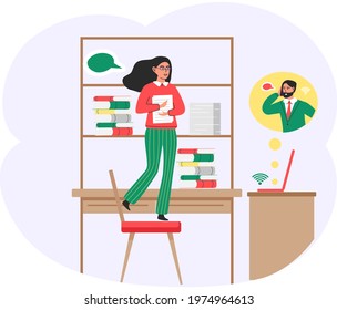 Video conferencing application. Woman with laptop in office communicates via video connection with colleagues using mobile app. Partners conduct business conversation at distance, remote work