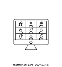 Video conferencing black outline icon. Desktop computer device video call. Online education, work at home. Vector illustration, flat design
