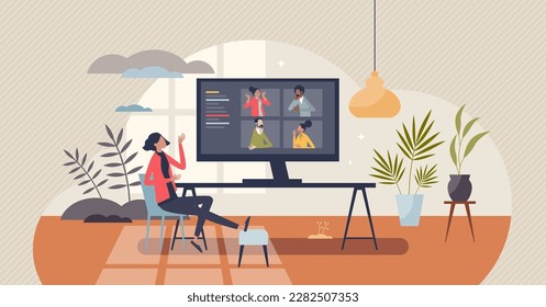 Video conferencing call as online group communication tiny person concept. Videocall technology for digital distant meetings vector illustration. Business discussion with colleagues in live stream.