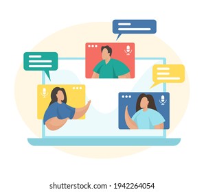 Video Conferencing Concept Flat Vector Illustration. Team Working By Group Video Call. Remote Working. Online Meetup. Social Networking