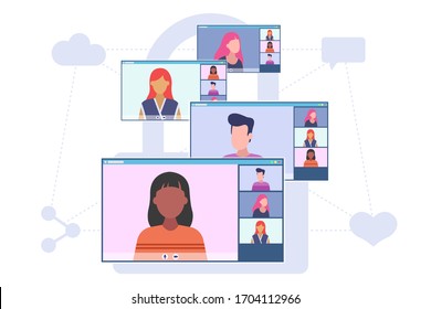 Video Conferencing Concept. Group Of People Have A Conversation Online. Four Desktop Screens With Video Call Application. Vector Flat Style Illustration Isolated On White Background.