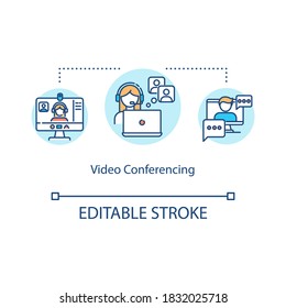 Video conferencing concept icon. Webinars. Online lectures. Screen sharing. Telecommuting idea thin line illustration. Vector isolated outline RGB color drawing. Editable stroke