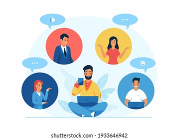 Video conferencing concept. Male cartoon character sitting cross-legged with laptop, drinking coffee and chatting with colleagues in videoconference. Flat vector illustration