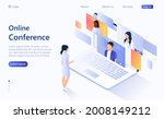 Video conferencing concept. Remote negotiations. Management of the company through video communication. Online communication of the company. Beautifully drawn people in the style of 3D isometric