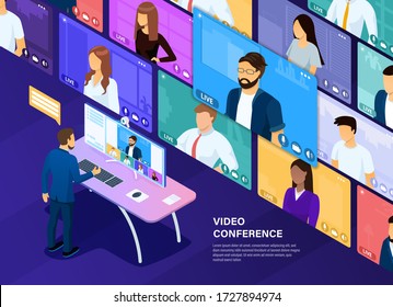 Video conferencing concept. Remote negotiations. Management of the company through video communication. Online communication of the company. Beautifully drawn people in the style of 3D isometric