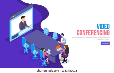 Video Conferencing Concept, Responsive Landing Page Design. Modern Flat Design With Business People In A Meeting Room Discussing Any Topic.