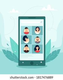 Video conferencing concept via mobile application. Vector illustration in flat style.