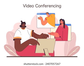 Video Conferencing concept. Virtual meeting with team members actively engaging through a digital platform, signifying teamwork and connectivity. Corporate collaboration. Flat vector illustration