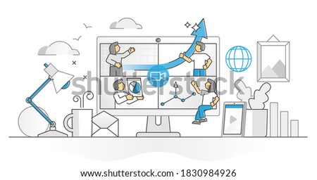 Video conferencing conversation using webcam call monocolor outline concept. Colleague teamwork online with distance and working from home method vector illustration. Split screen for live group chat.