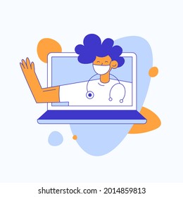 Video conferencing at home, Video call meeting with doctors at home. Family doctor. Online medical support. Vector