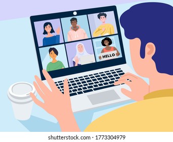 Video conferencing at home, Close-up man having video call meeting with fhis colleagues at home. Vector