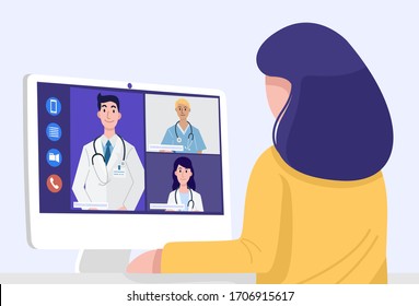 Video Conferencing At Home, Close-up Woman Having Video Call Meeting With Doctors At Home. Vector