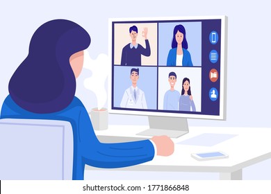 Video conferencing at home, Close-up woman having video call meeting with friends at home. Vector