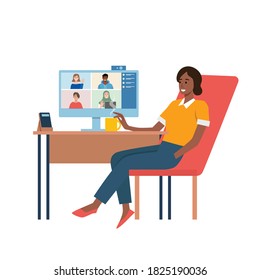 Video conferencing at home, Close-up woman having video call meeting with clients at home. Vector