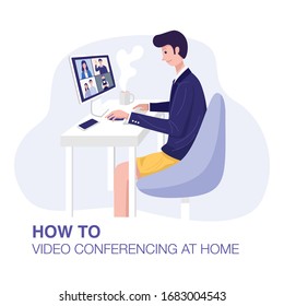 Video conferencing at home, Man having video call meeting with clients at home. Vector