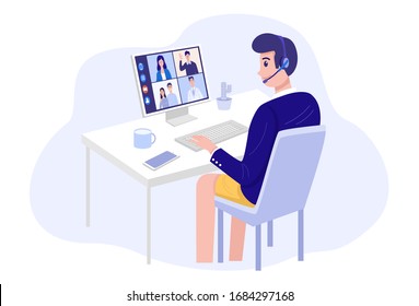 Video conferencing at home, Man having video call meeting with clients at home. Vector