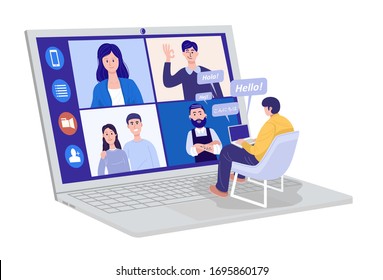 Video conferencing at home, Man having video call meeting with clients at home. Greeting messages in many different written languages.