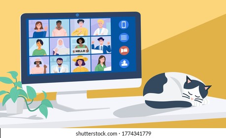 Video conferencing at home, Online conference with coworkers through a computer. Vector Illustration