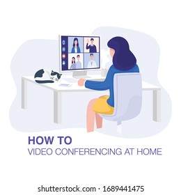 Video Conferencing At Home, Woman Having Video Call Meeting With Clients At Home. Vector