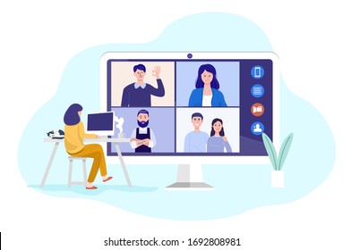 Video conferencing at home, Woman having video call meeting with clients at home. Vector