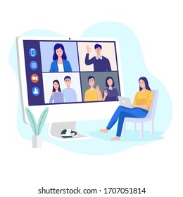 Video conferencing at home, Woman having video call meeting with clients at home. Vector