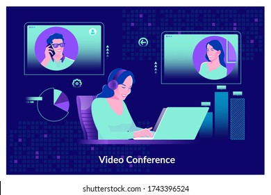 Video conferencing at home, Woman having video call meeting with clients at home.Learning language, watching online webinar, listening audio course, e-learning education concept.Flat vector illustrati