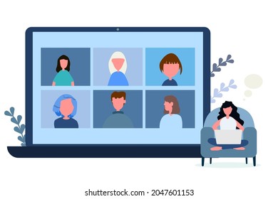Video conferencing at home, Woman on the sofa having video call meeting