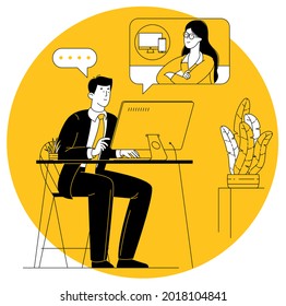 Video conferencing at home. Young woman having video call meeting. Work from home vector concept.