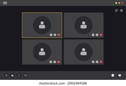 Video conferencing interface, user video call window. Social remote communication concept.