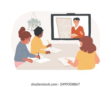 Video Conferenciando Ilustraciones vectoriales de dibujos animados aislados. Personas Video hablando usando chat, clases inteligentes, visualización de datos, capacitación en línea, sistema de comunicación basado en la nube, dibujos animados de Vector.