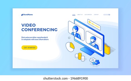 Videokonferenzen. Isometrische Vektorgrafik von Computerbildschirm mit Leuten Avatare auf Banner der Landing-Page mit Video-Konferenzen-Software. Videoanruf, Webinar, Online-Zusammenkunft