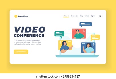 Video Conferencing Landing Page Website Banner Template. Flat Vector Illustration. Team Working By Group Video Call. Remote Working. Online Meetup. Social Networking