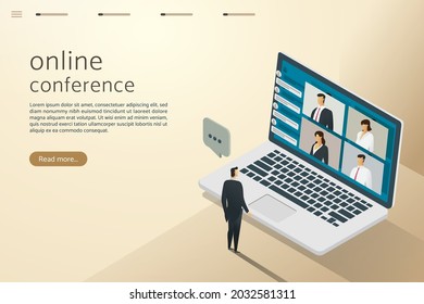 Video Conferencing With Online Links Is Like Meeting With Business People. Through Computers On Different Screens With Colleagues. Vector Illustration.