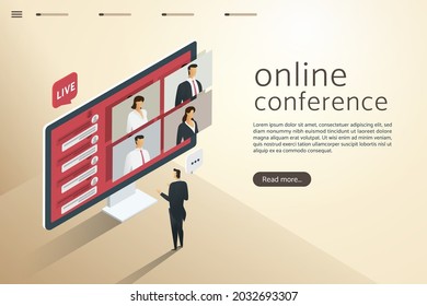 Video conferencing with online links is like meeting with business people. through computers on different screens with colleagues. Vector illustration.
