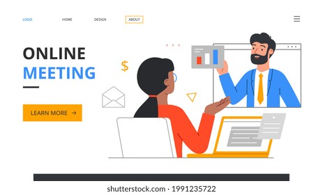 Video conferencing, online meet up concept. Diverse multiracial male and female characters communicate by video link. Minimal style flat cartoon vector illustration. Website, landing page template