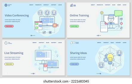 Video conferencing, online training, live streaming, sharing ideas landing page set. People group on computer screen taking with colleague, learn and interact online. Information access technologies