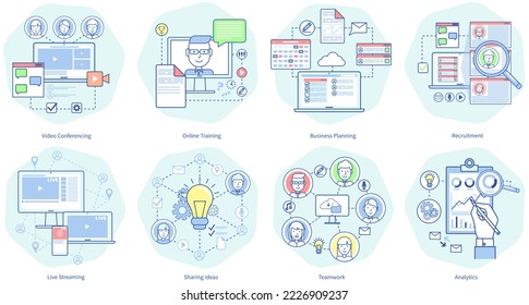 Video conferencing, online training, live streaming, sharing ideas, business planning, recruitment, teamwork, analytics set of linear icons. Information access technologies, management and analysis