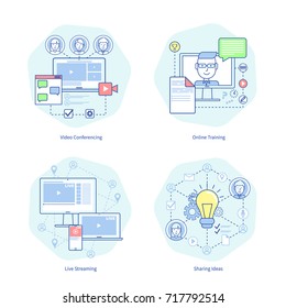 Video Conferencing, Online Training, Live Streaming, Sharing Ideas Images With Innovative Systems And Approaches To Work Vector Illustration