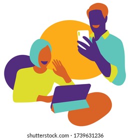 Video conferencing of people working at home. Vector illustration.