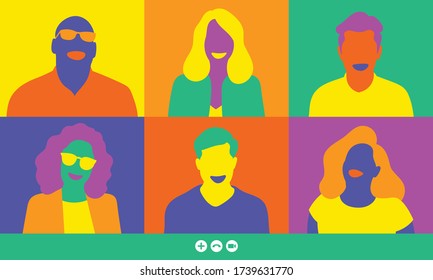 Video conferencing of people working at home. Vector illustration.